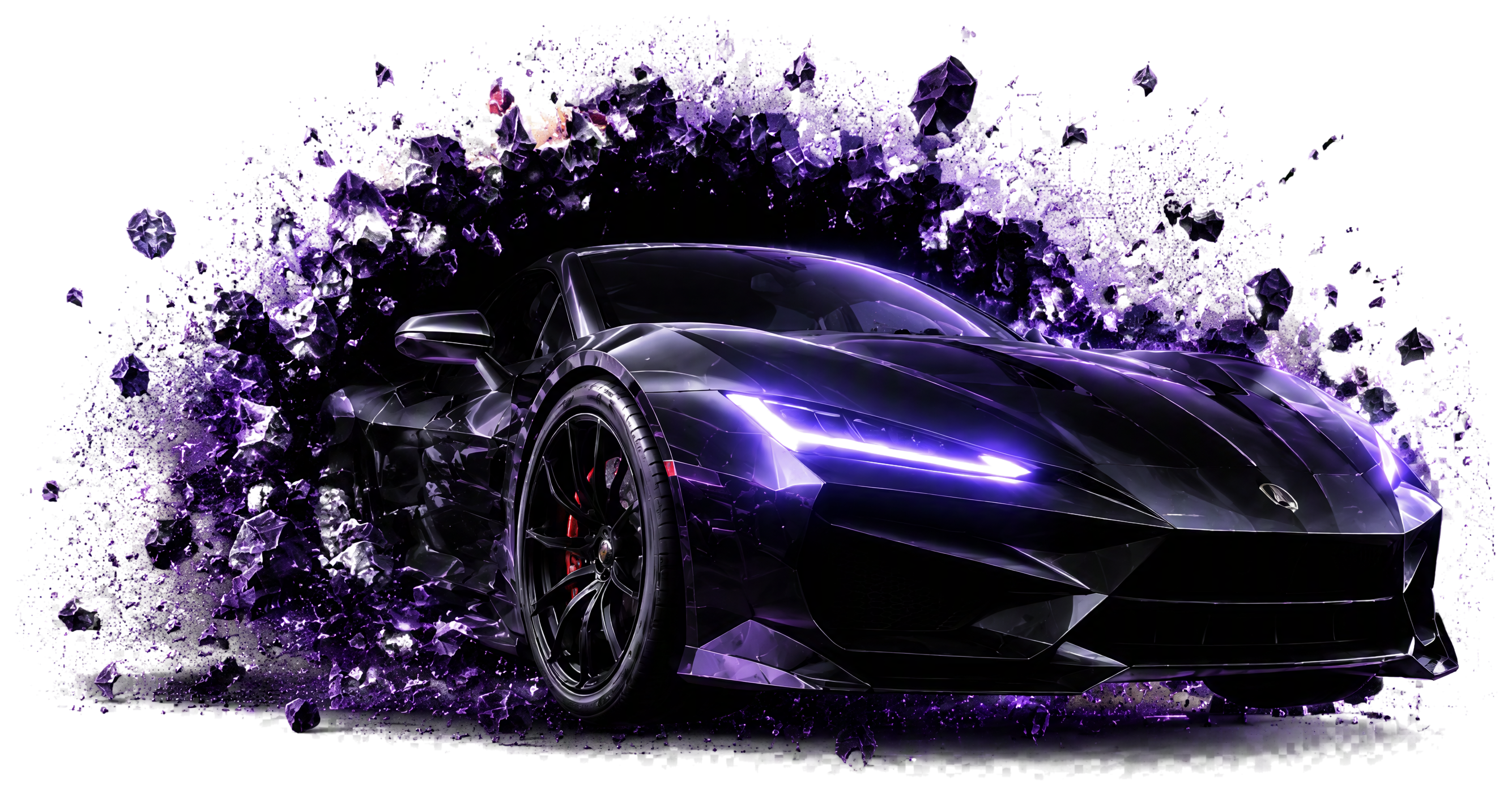 A futuristic black supercar breaking through a violet LED billboard